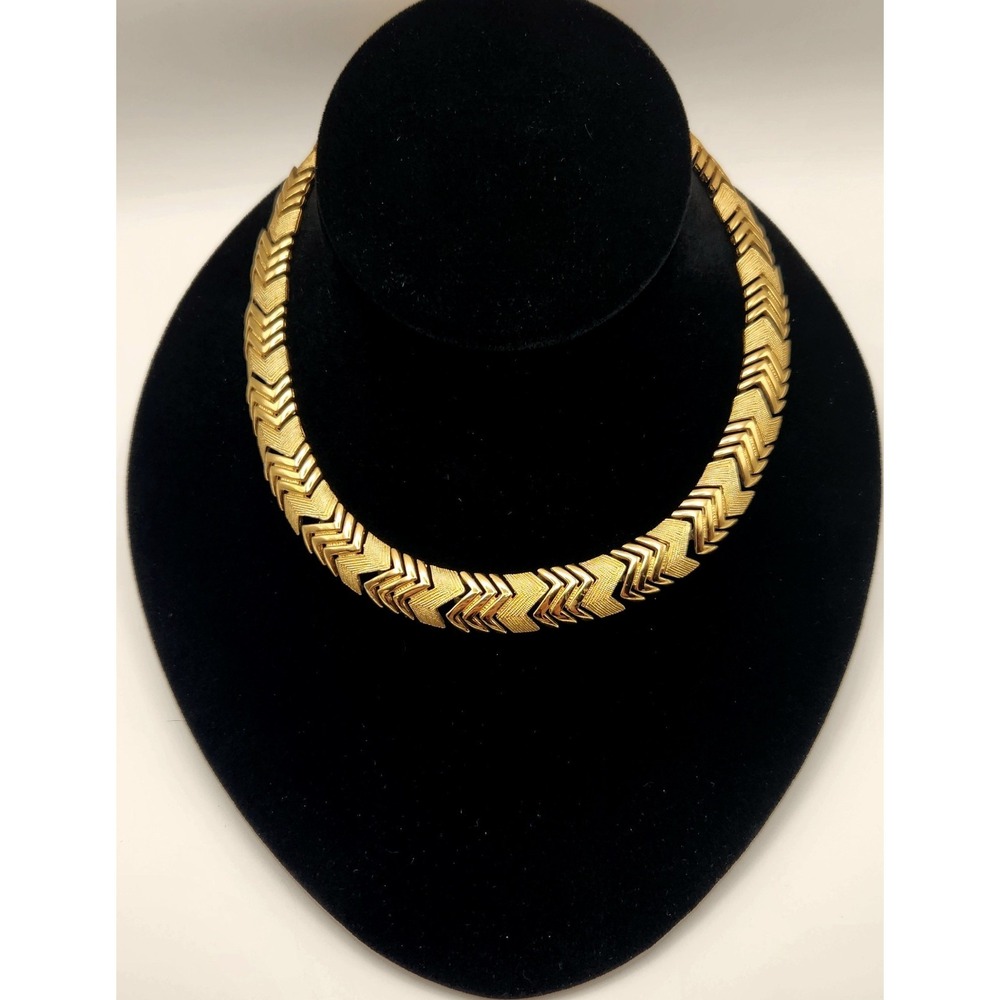 Vintage Monet Gold Tone Chevron Collar Necklace Textured Signed Adjustable